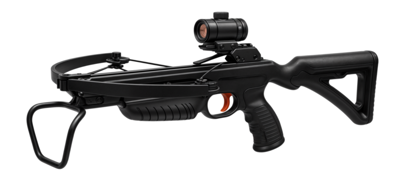 Crossbow with foot stirrup and red dot sight for precision shooting