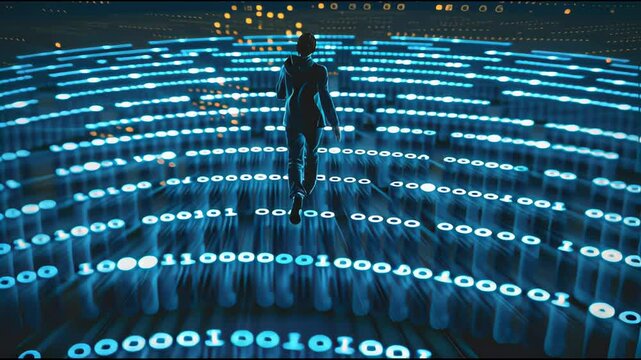 Immersive digital engagement as individual deciphers concentric binary sequences in futuristic environment
