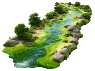 Serene River Oasis: A miniature river landscape model showcases a winding river with clear water, lush greenery, and rocky banks, evoking a sense of tranquility and the beauty of nature.