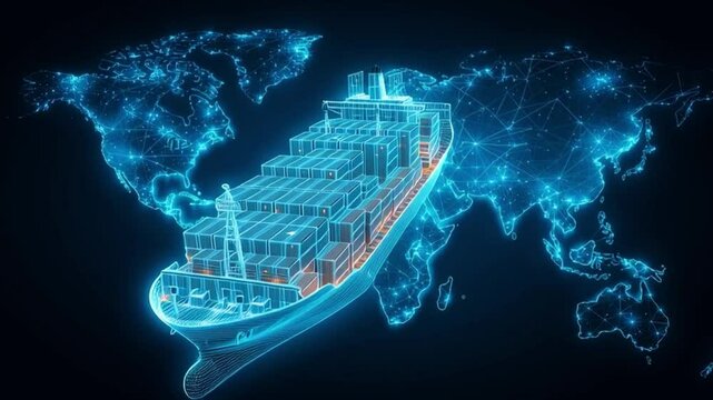 Technology global logistics on world map holographic lines container ship. Cargo container ship futuristic global logistics international delivery concept.