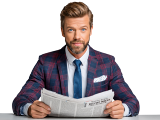 News Anchor: A confident man, impeccably dressed in a suit, presents the news, engaging with the camera to deliver information with authority and professionalism.