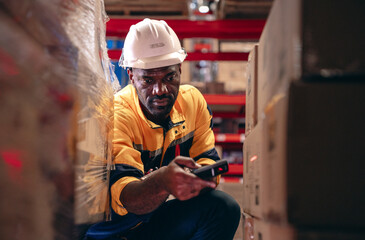 Warehouse manager, store inspector checking stock on storage shelf from inventory checklist. Two diverse ethnic people wear safety hard hat working together examining merchandise at distribution store