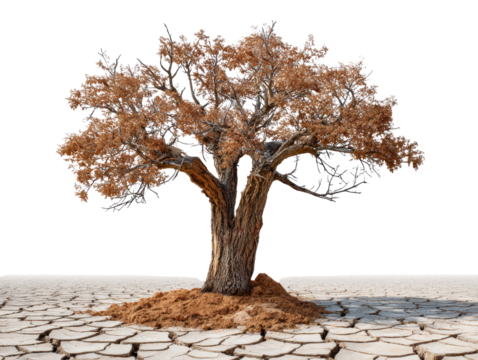A Lone Tree in a Barren Land: A resilient, weathered tree stands solitary, a symbol of enduring strength amidst the harsh, cracked earth of an arid landscape.