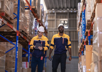 Warehouse manager, store inspector checking stock on storage shelf from inventory checklist. Two diverse ethnic people wear safety hard hat working together examining merchandise at distribution store