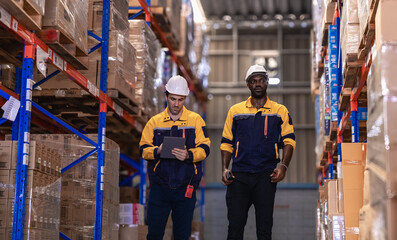 Warehouse manager, store inspector checking stock on storage shelf from inventory checklist. Two...