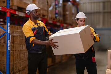 Warehouse manager, store inspector checking stock on storage shelf from inventory checklist. Two diverse ethnic people wear safety hard hat working together examining merchandise at distribution store