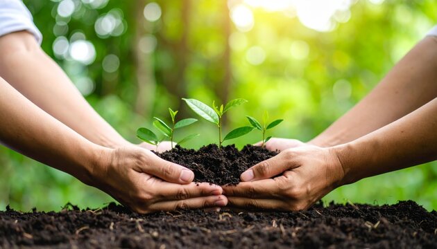 Two hands nurturing young green plants growing in rich soil, symbolizing care, growth, and environmental sustainability.