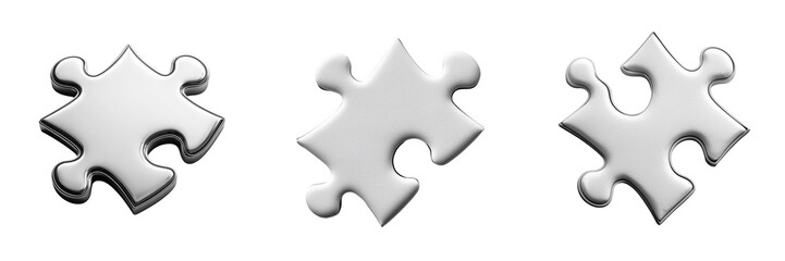 Obraz premium Three white puzzle pieces in various shapes and designs, isolated on transparent background