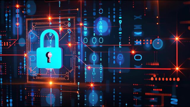 High-tech vulnerability scan animation focusing on neon padlocks and glowing circuit patterns in cyber defense theme.