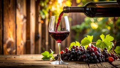 Red wine is being poured into a glass beside a bunch of fresh grapes on a rustic wooden table with a warm, blurred background.