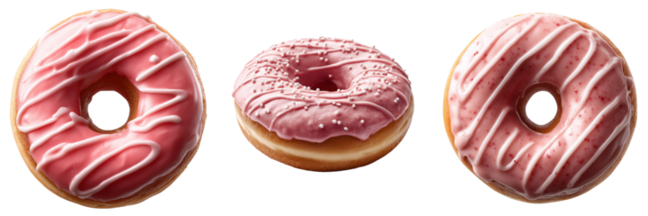 Three pink frosted donuts, isolated on transparent background