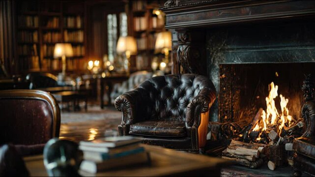 A cozy library with a roaring fireplace and antique leather chairs creates an atmosphere of privacy and warmth.