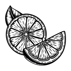 Hand-drawn lemon slice drawing. Detailed illustration of juicy lemon with slices and leaves. Perfect lemon slice drawing for vintage style design.