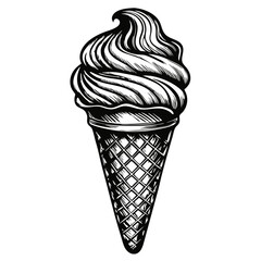 Delicious ice cream cone with swirls of creamy texture. Ice cream cone illustration features detailed waffle cone and rich, smooth ice cream.