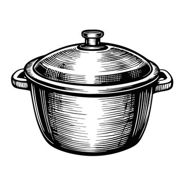 Cooking pot with lid, detailed hand-drawn engraving.  This cooking pot features a classic design, perfect for rustic kitchens and vintage-style recipes.  High-quality image ideal for cookbooks.