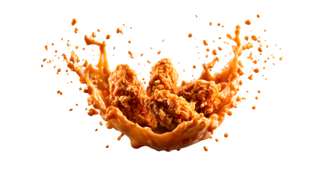 Chicken fries mid-air with dynamic splash effect, isolated on transparent background
