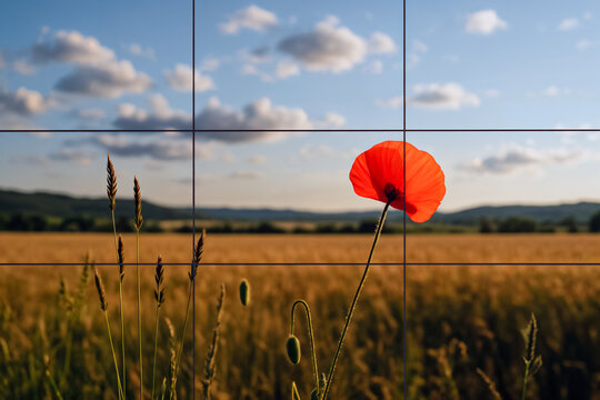 Single poppy framed in golden wheat field — rule of thirds application in rural summer light.