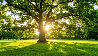 Sunlight shines through the branches of a large tree in a green park, casting long shadows on the grass.