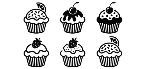 Set of Cute Black and White Cupcake Icons