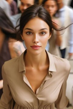 Young adult cisgender woman with light skin and brown hair looking at camera in a blurred crowded environment