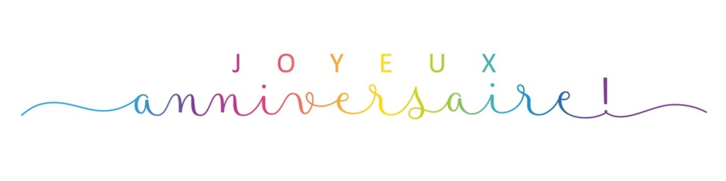 JOYEUX ANNIVERSAIRE (HAPPY BIRTHDAY in French) colorful brush calligraphy banner with swashes on transparent background