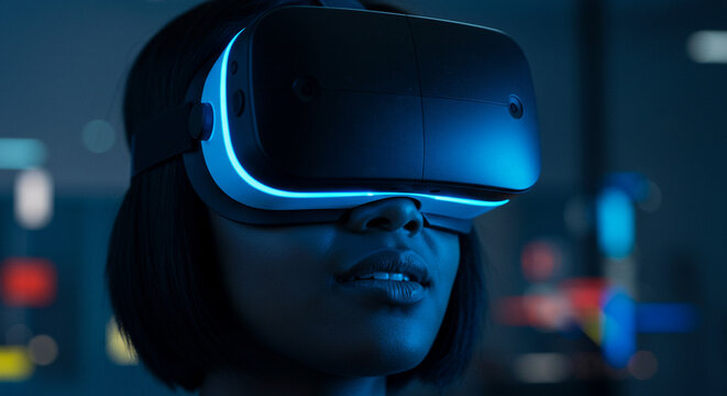 Young black woman using virtual reality headset in futuristic setting