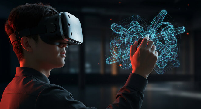 Young man wearing virtual reality headset interacting with hologram