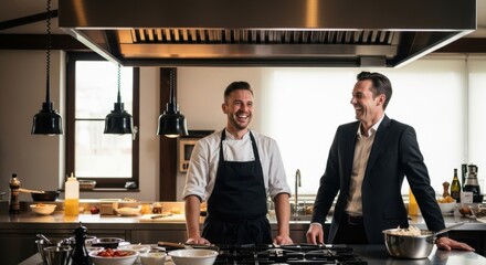 Two chefs are laughing in a modern professional kitchen while preparing food