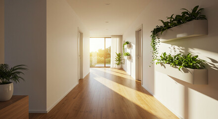 Bright hallway with wooden floor and green plants in modern home  