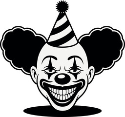 Creepy clown face with party hat silhouette and wide grinning mouth