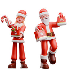 Christmas Santa Claus and Santa Girl 3D Cartoon Character Set – Festive Holiday Illustrations with Gifts Candy Canes Christmas Trees Snow and Cheerful Winter Elements
