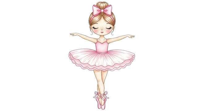 A cute cartoon ballerina with a pink tutu and bow gracefully poses in dance position, illustration