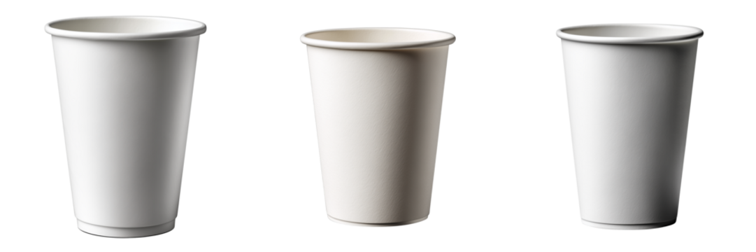 Three empty paper cups in various shades and sizes, isolated on transparent background