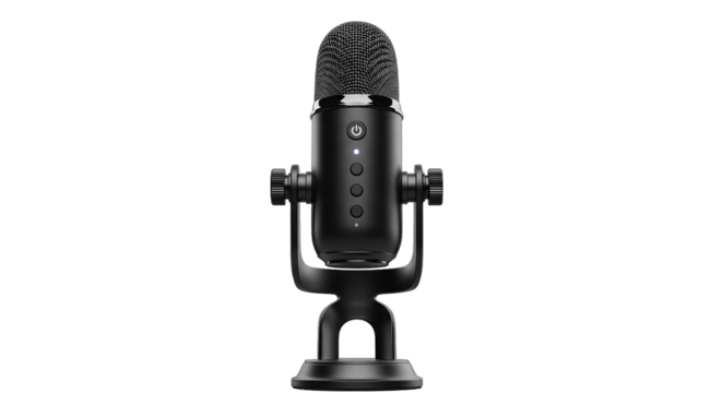 Sleek black microphone stands centered, against a background, highlighting technology and equipment.