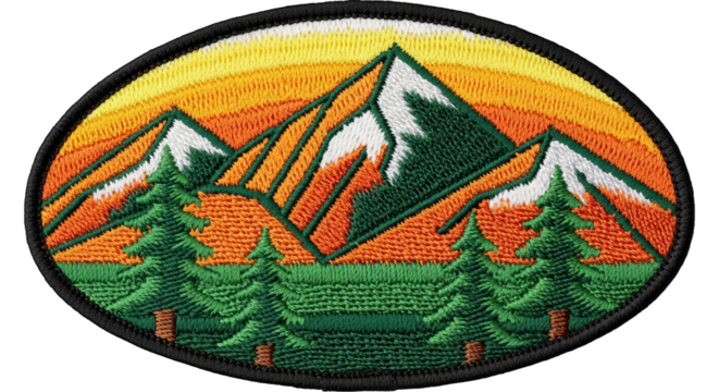 Embroidered nature scene shows mountains, trees, and a warm sunset in a circular design.