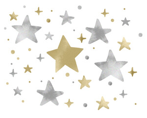 Obraz premium Twinkling gold and silver stars.ゴールドとシルバーの星のワンポイント