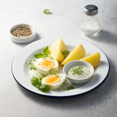 Hard boiled eggs with potato and green sauce