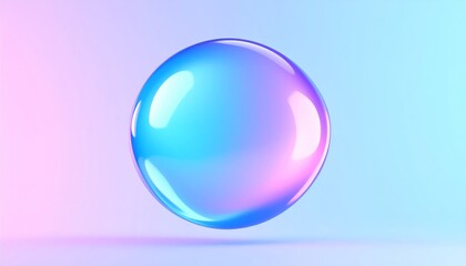 A translucent, iridescent bubble floats against a pastel gradient background, reflecting soft blue, pink, and purple hues.