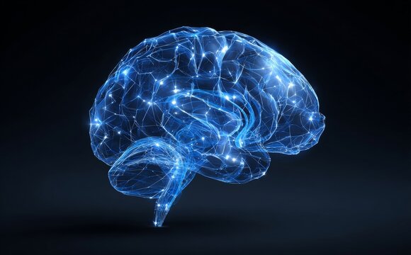 Digital Brain Network: Abstract Neural Connections Illuminated in Dark Blue, Conceptual Artwork