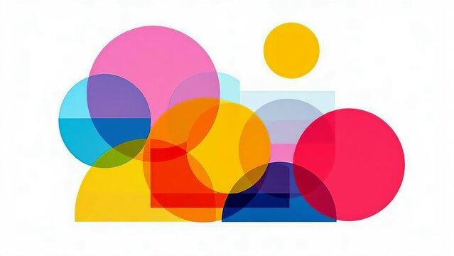 Abstract geometric composition with overlapping colorful circles and squares isolated on white background