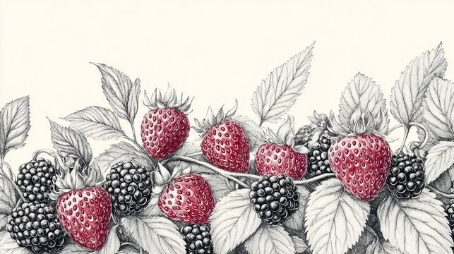 Delicate Mixed Stra Bush With Ink Illustration Berry
