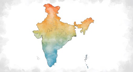 Watercolor Map of India with State Borders and Gradient Colors on White