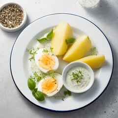 Hard boiled eggs with potato and green sauce