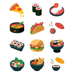 vector icons cooking food chef hat include a pizza slice, a sushi roll, spaghetti and meatballs, a curry bowl burger , fish 

