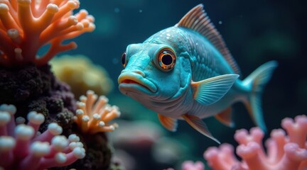 Obraz premium A Vibrant Aquatic Scene Featuring a Striking Blue Fish Among Coral Reefs