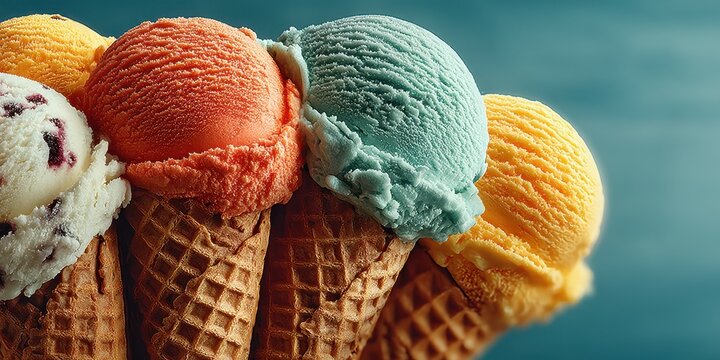 Colorful ice cream cones stacked together in a display at a summer ice cream shop on a sunny day