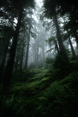 Obraz premium Mysterious Wilderness: Journey Into the Untouched, Misty Heart of an Enigmatic Forest Realm