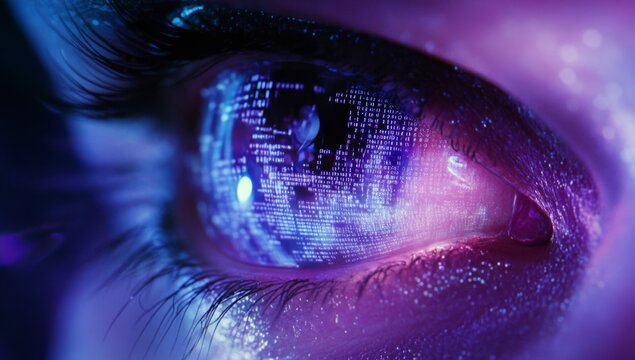 Digital eye with binary code, close-up shot. The background is dark blue and purple, creating an atmosphere of mystery or digital security. In the center, there's an open human pupil
