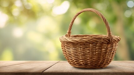 Blank wicker basket on table and nature green blur background.