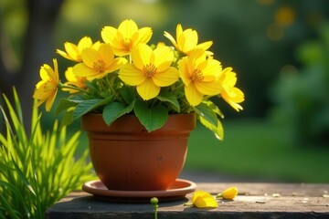 Fototapeta premium Vibrant yellow blossoms in a terracotta pot, bathed in sunlight, create a cheerful garden scene, perfect for a tranquil ambiance.